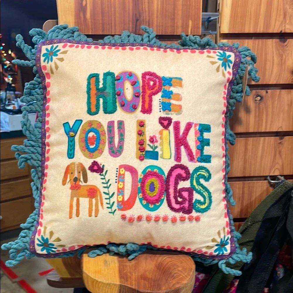 Natural Life Boho Tufted Pillow Hope You Like Dogs with Colorful Fringe - Picture 9 of 13